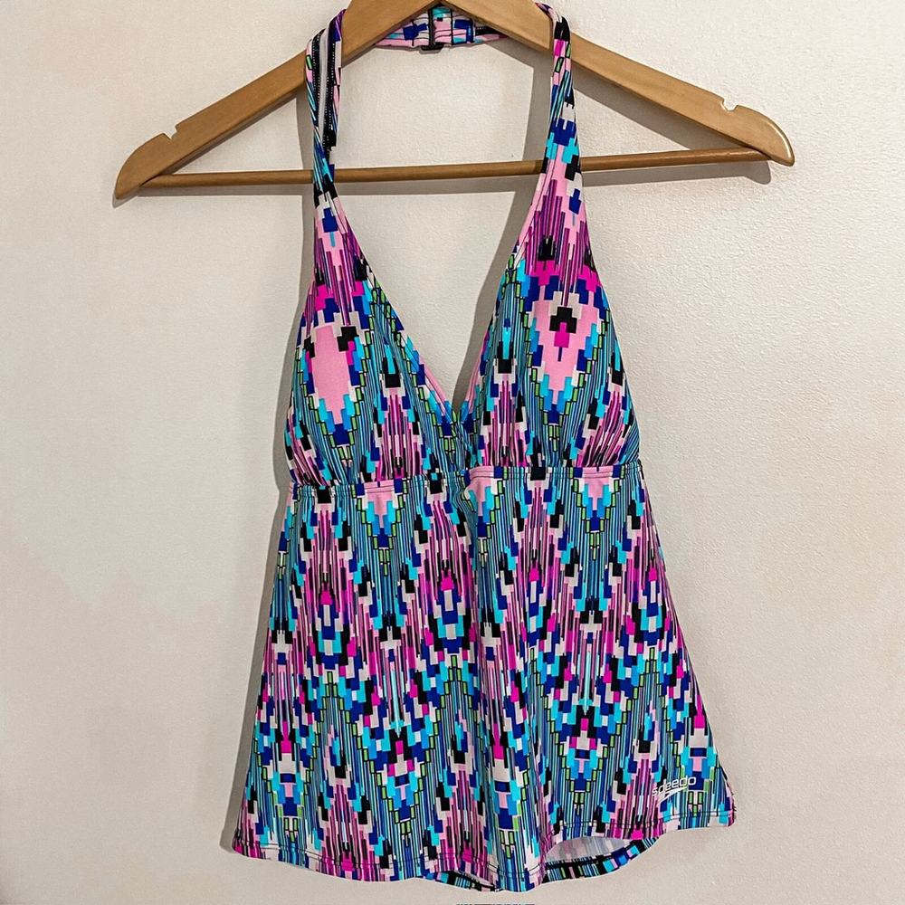 Speedo Tankini Swimsuit Women’s Size 8 Padded Top Blue Purple Geometric